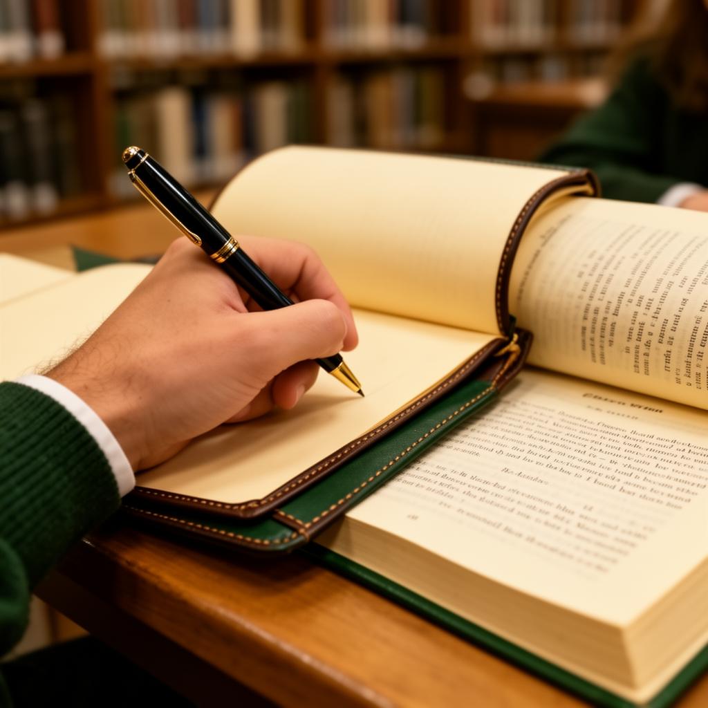A student writing an essay in a notebook next to an open classic literature book