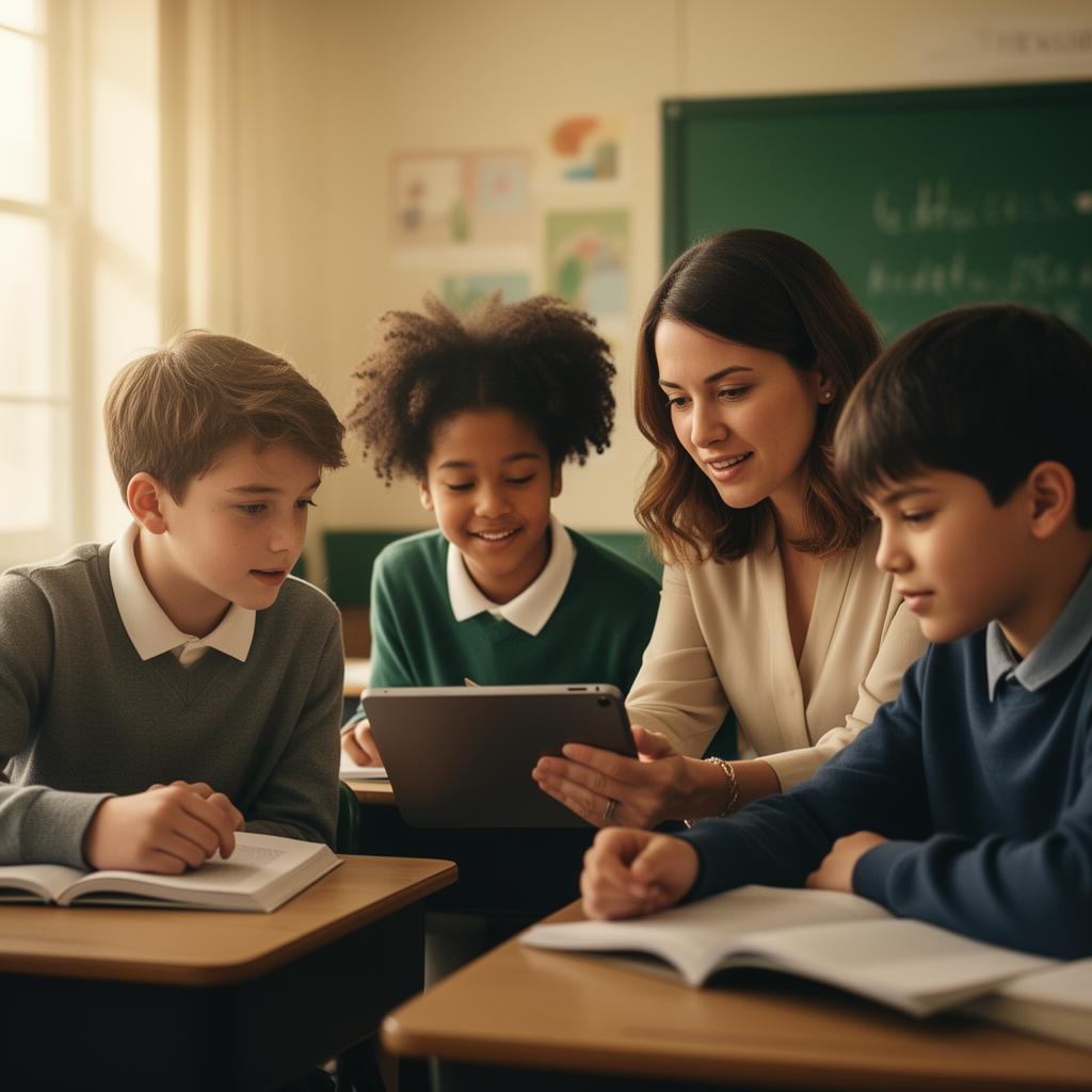 A teacher using Smart-Reader on a tablet with two middle-school students in a sunlit classroom
